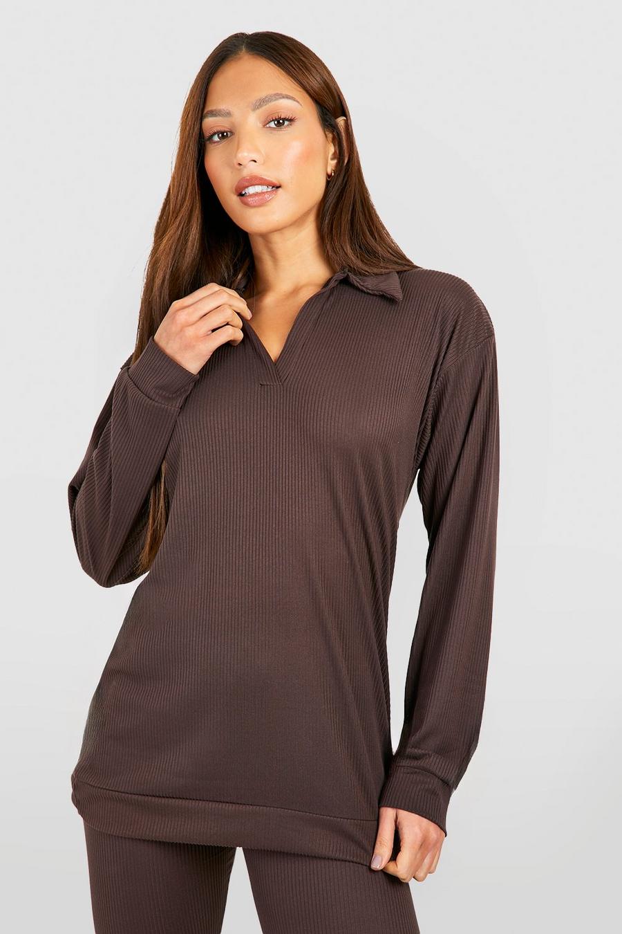 Chocolate Tall Brushed Rib Open Collar Oversized Tee image number 1