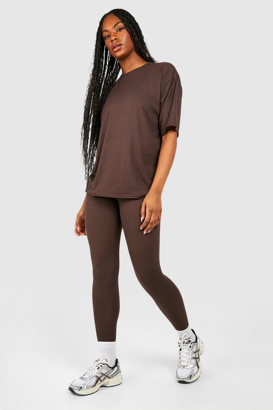 Set Tall - T-shirt oversize spazzolata a coste & legging, Chocolate image number 1