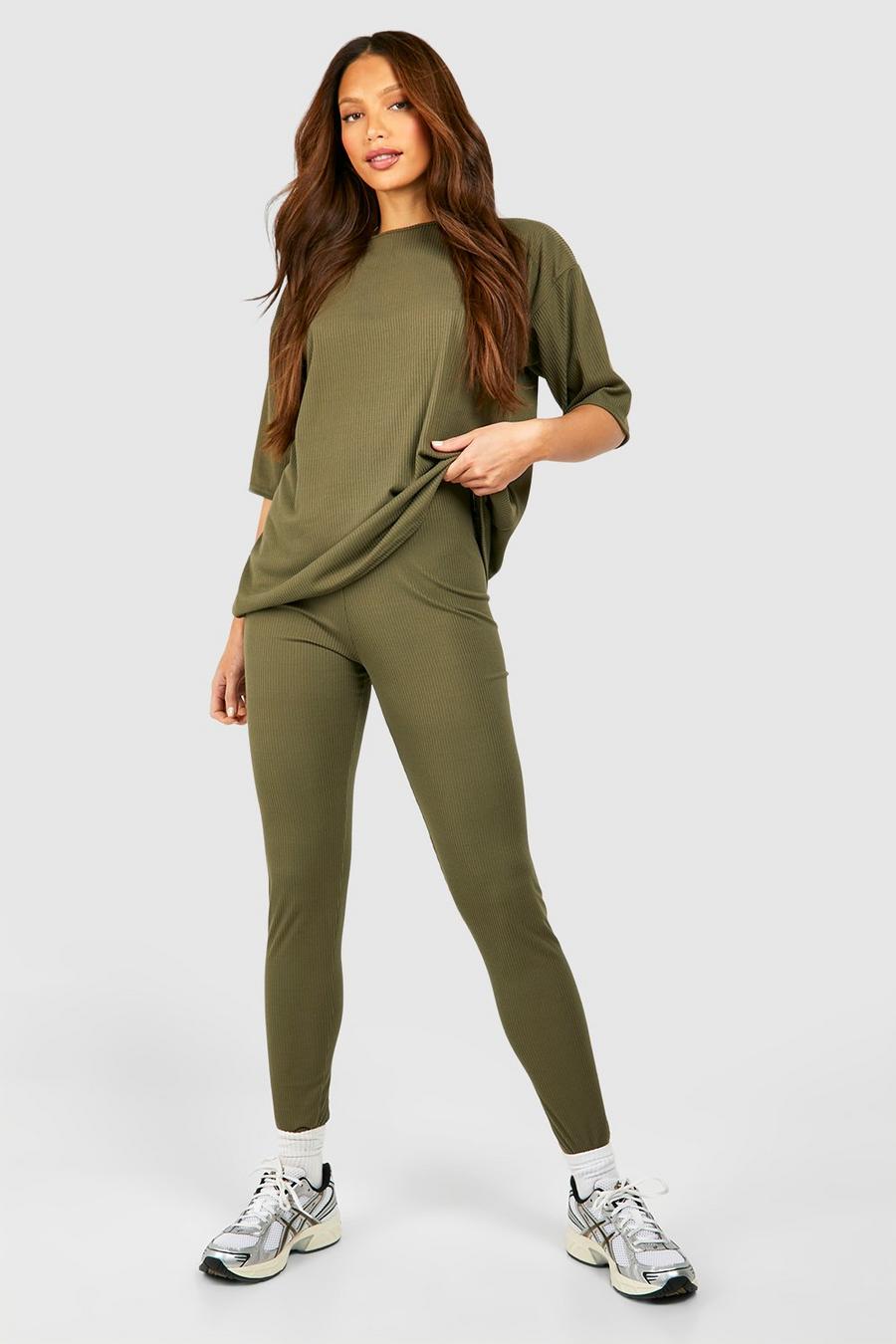 Set Tall - T-shirt oversize spazzolata a coste & legging, Khaki image number 1