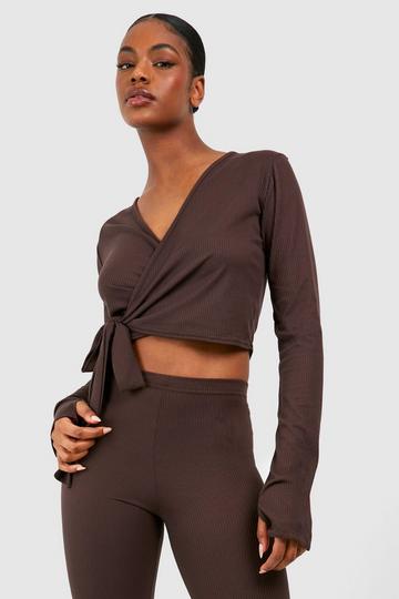 Tall Brushed Rib Ballet Wrap Top chocolate