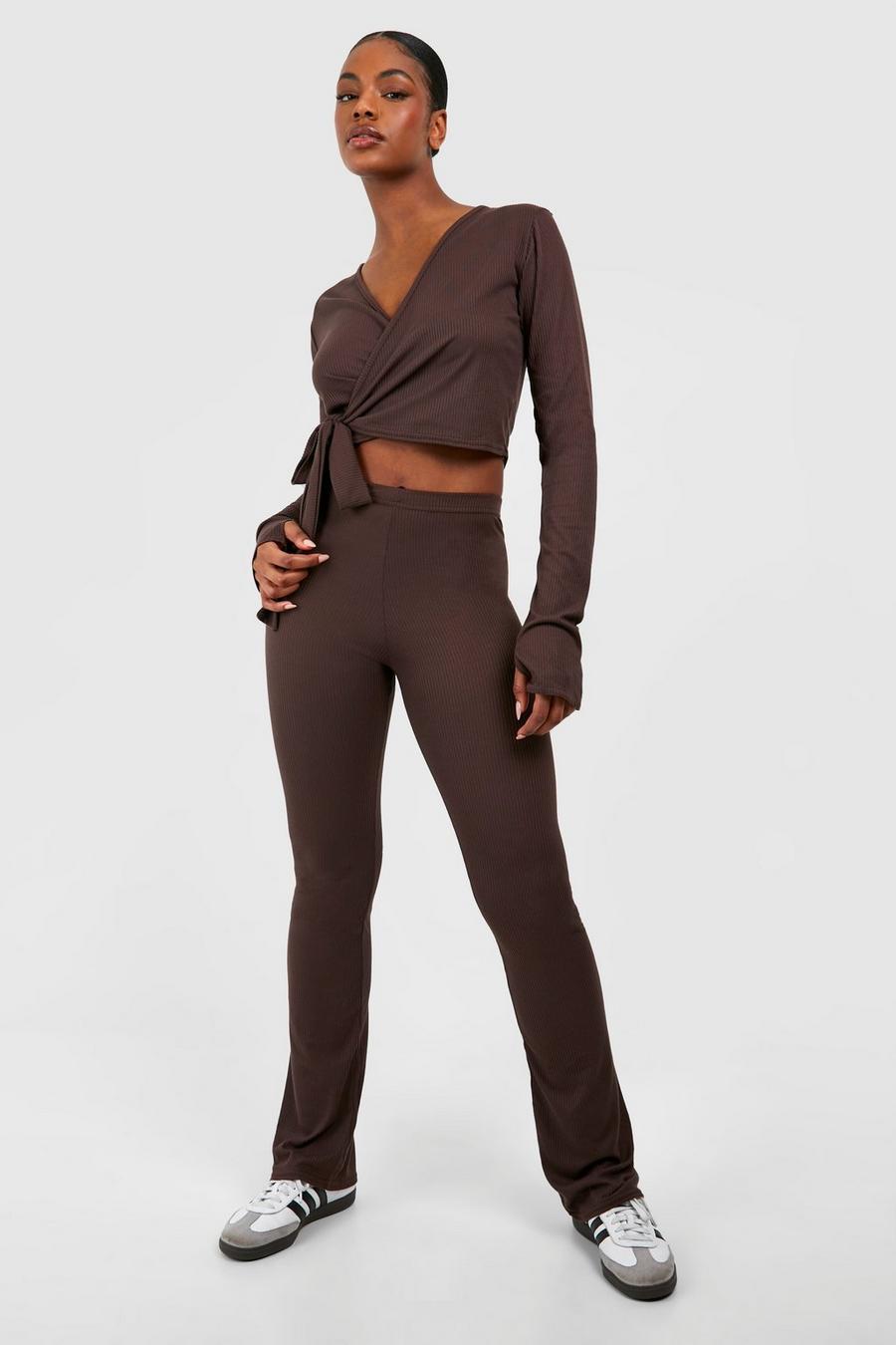 Chocolate Tall Brushed Rib Flare Pants image number 1