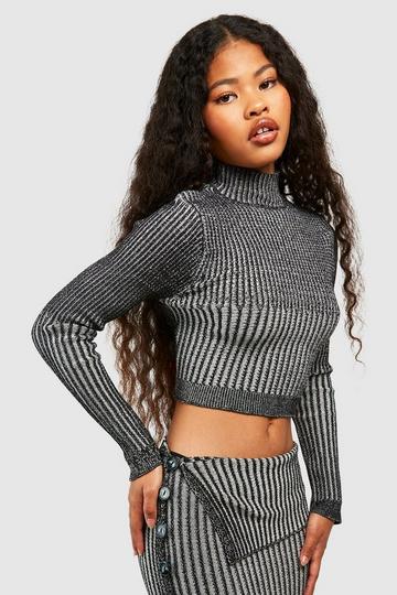 Black Petite Two Tone Rib Knit Cropped Sweater