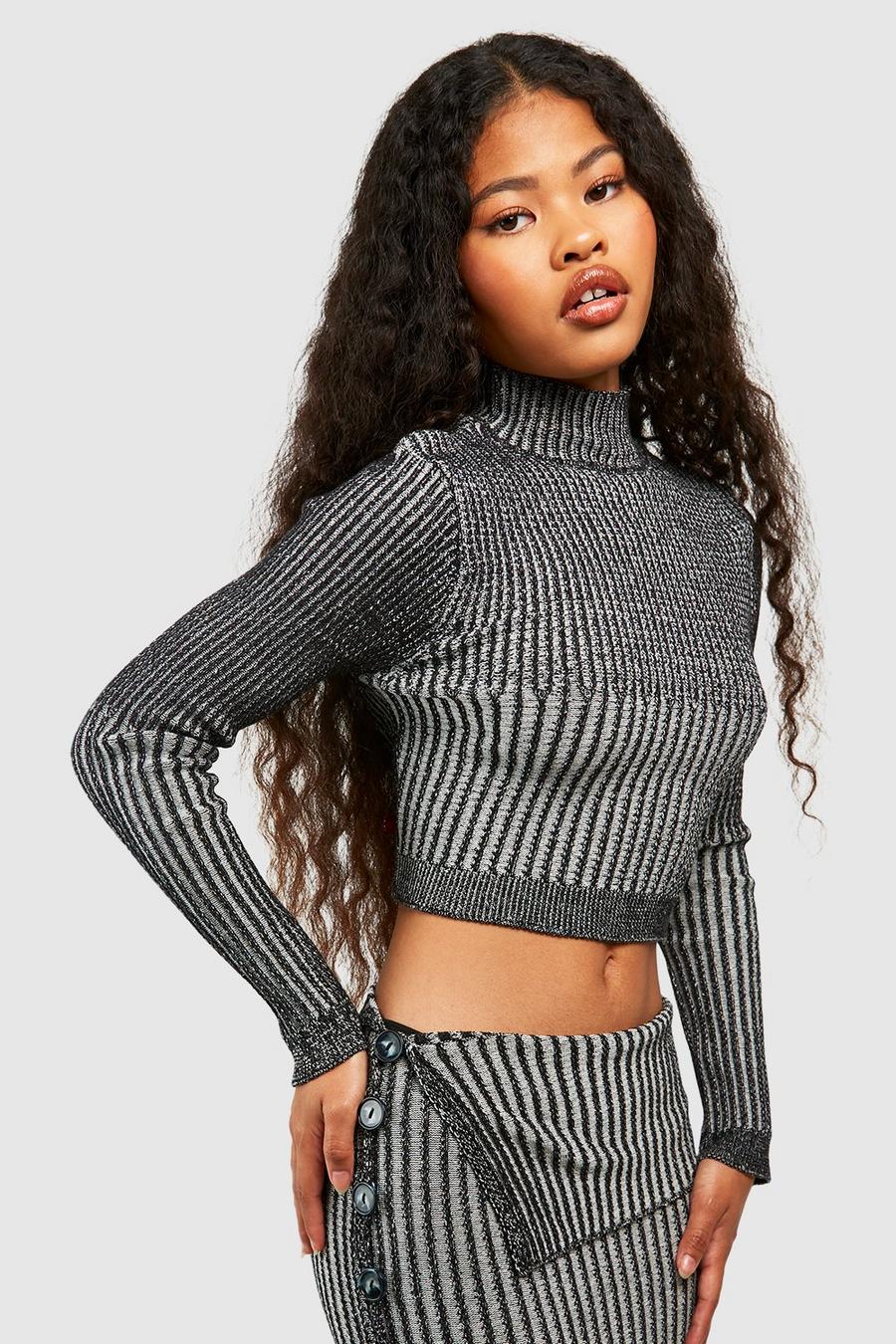 Black Petite Two Tone Rib Knit Cropped Sweater image number 1