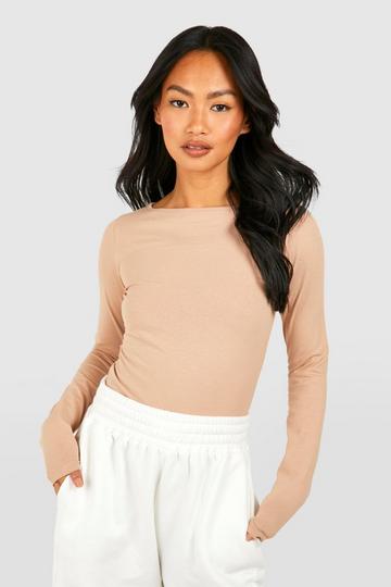 Basic Cotton Slash Neck Long Sleeve Bodysuit camel