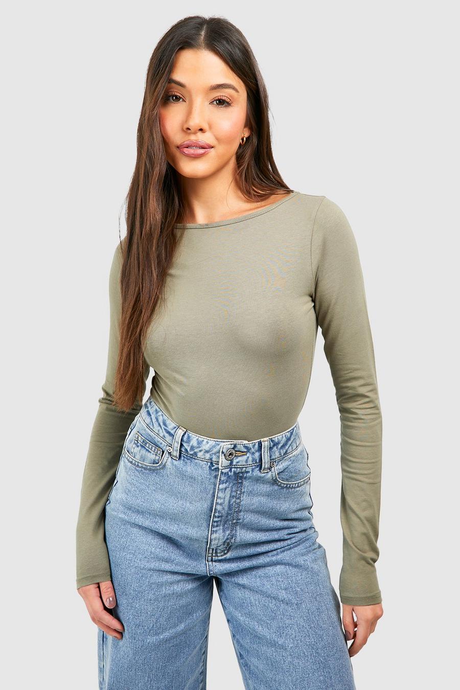 Khaki Basic Cotton Slash Neck Long Sleeve Bodysuit 