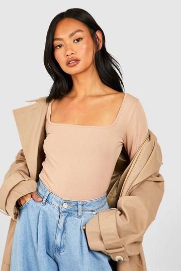 Basic Cotton Square Neck Long Sleeve Top camel