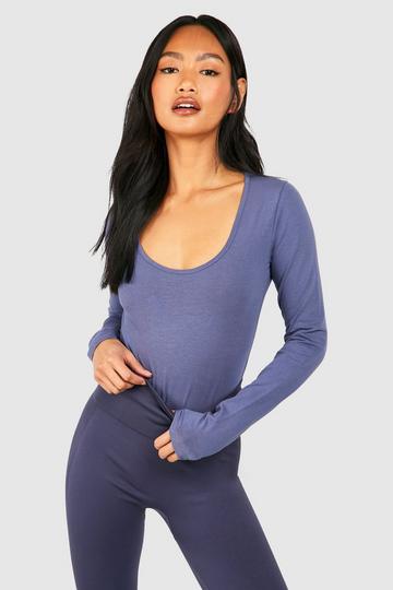 Basic Cotton Extreme Scoop Neck Long Sleeve Bodysuit navy