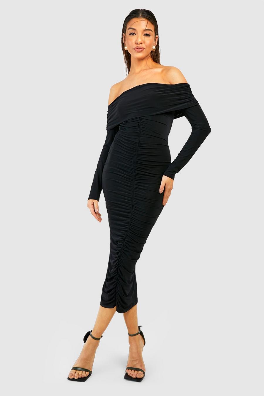 Vestito longuette seducente a maniche lunghe con scollo Bardot, Black image number 1