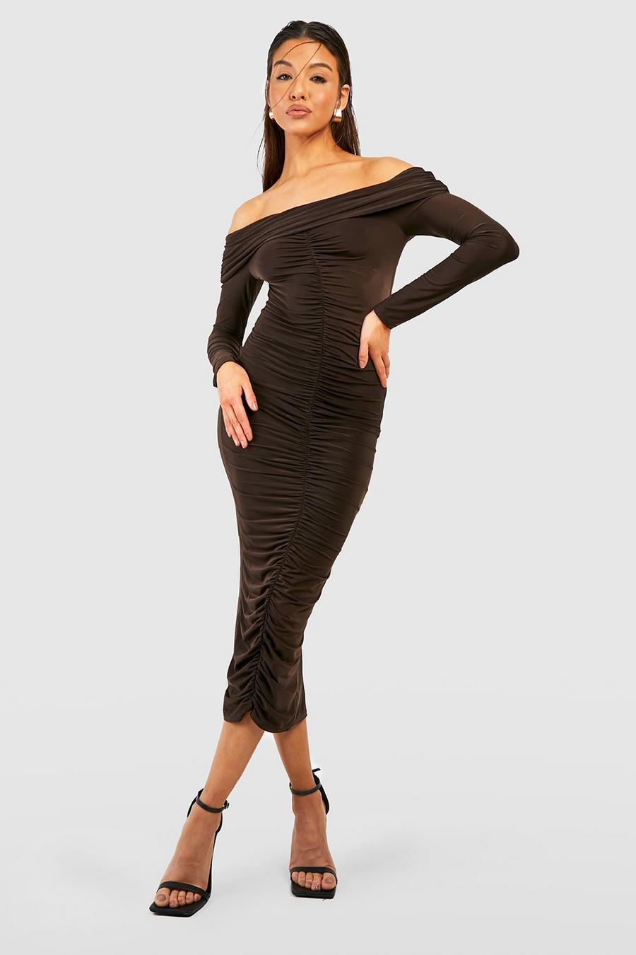 Chocolate Bardot Long Sleeve Slinky Midaxi Dress image number 1