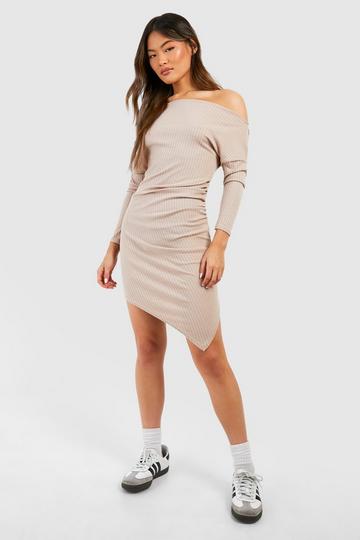 Stone Beige Boat Neck Soft Rib Assymetric Mini Dress