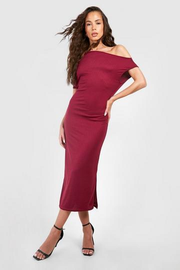 Soft Rib Off The Shoulder Midaxi Dress berry