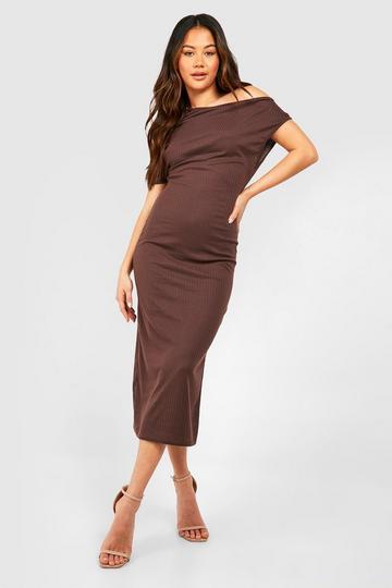 Soft Rib Off The Shoulder Midaxi Dress chocolate