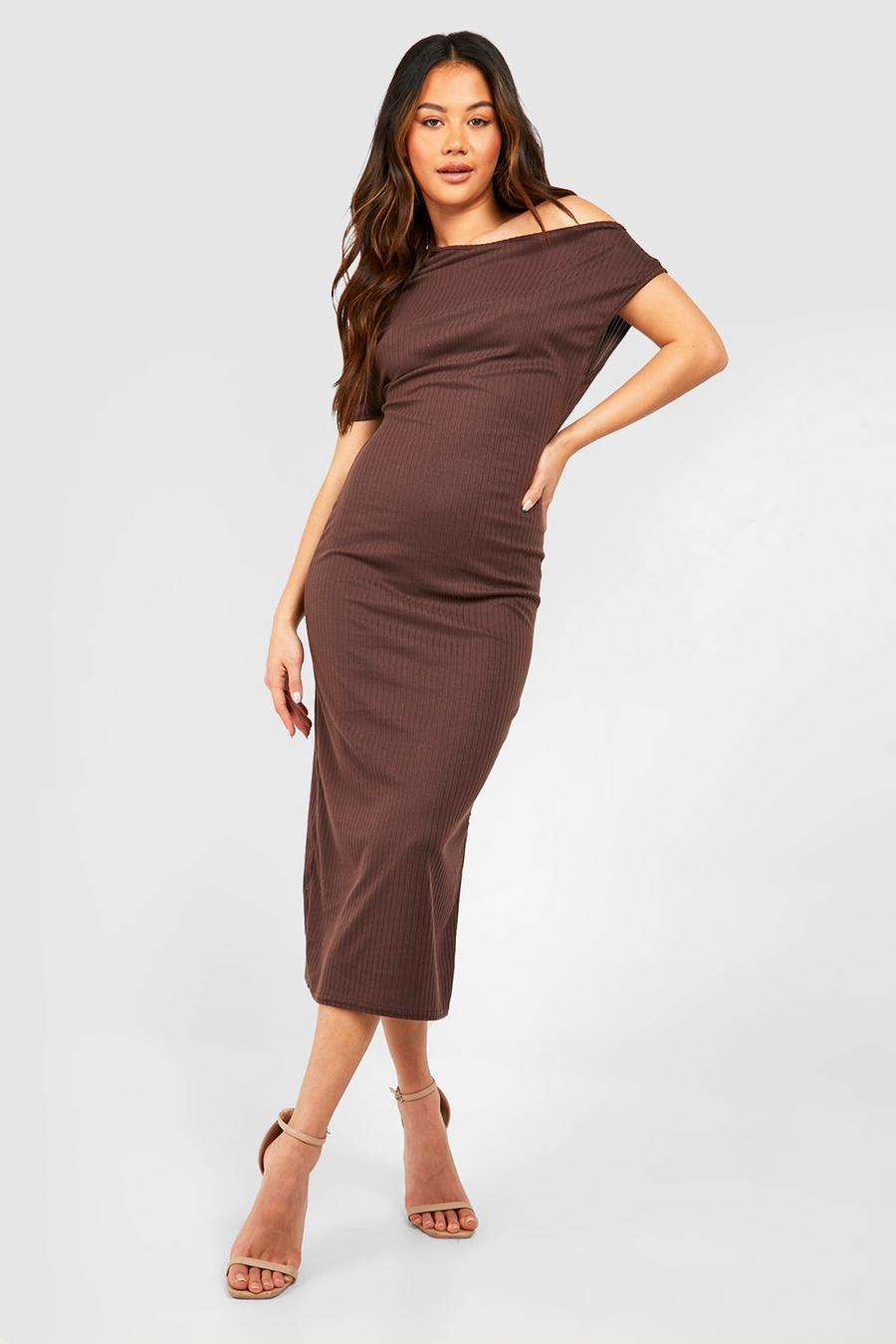 Chocolate Soft Rib Off The Shoulder Midaxi Dress image number 1