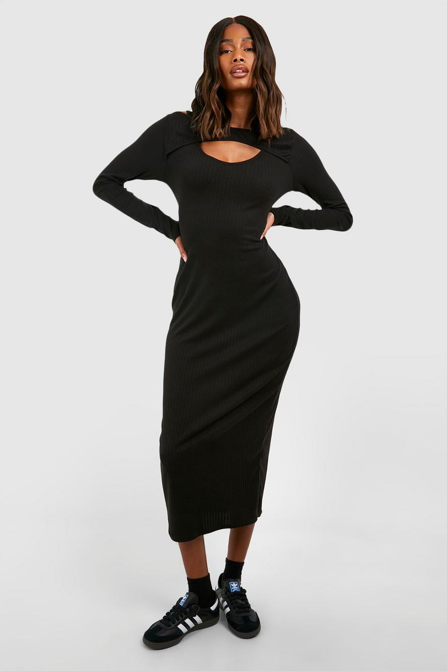 Black Soft Rib Cut Out Midaxi Dress  image number 1