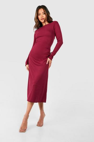 Soft Rib Ruched Assymetric Midi Dress berry