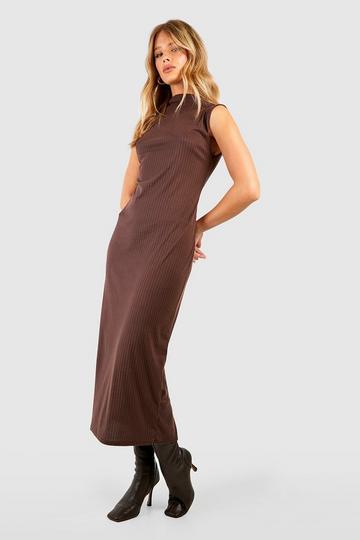 Chocolate Brown Soft Rib Column Midaxi Dress