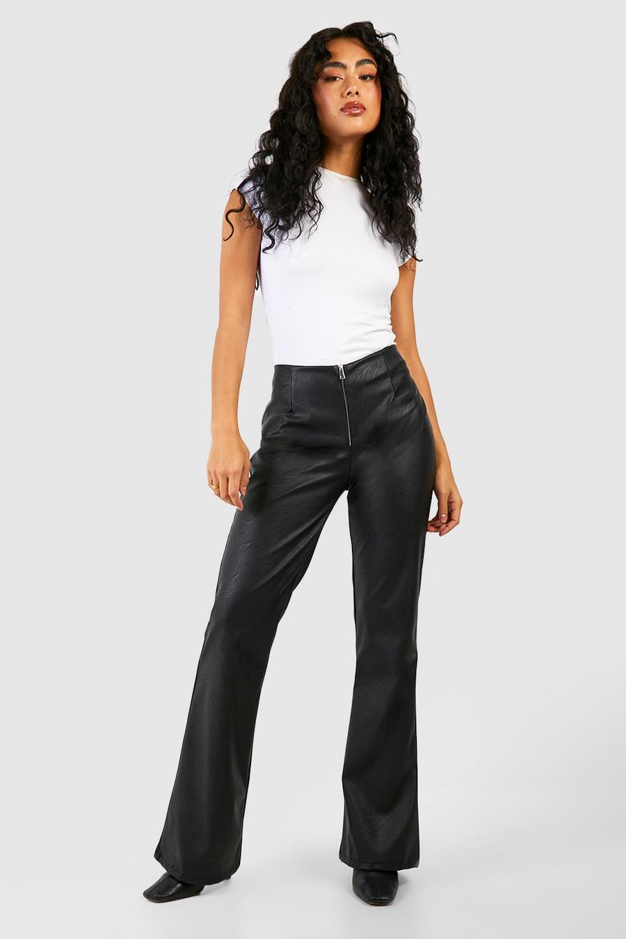 Black Leather Look Zip Front Flare Pants