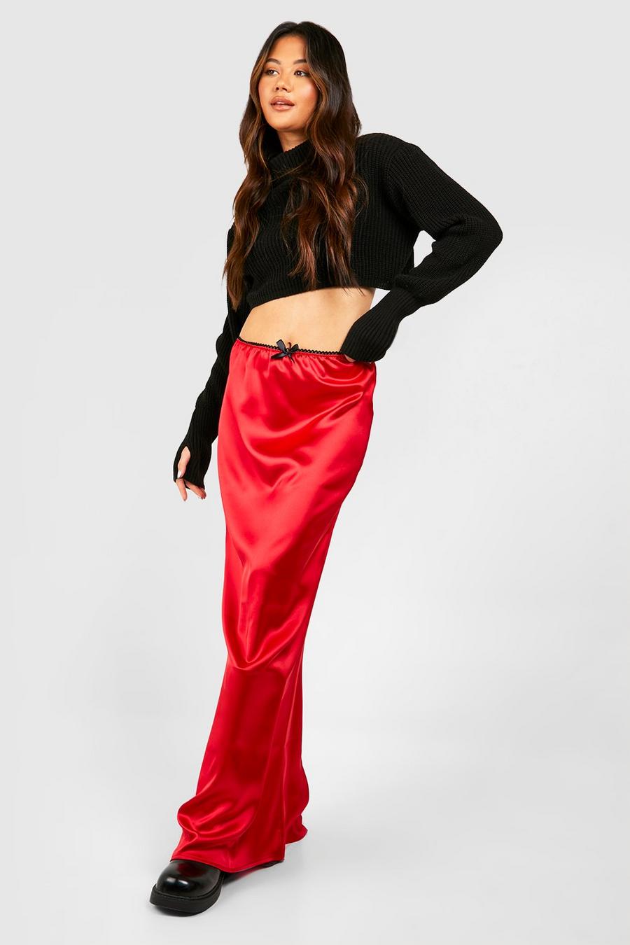 Cherry Lingerie Trim Satin Slip Maxi Skirt
