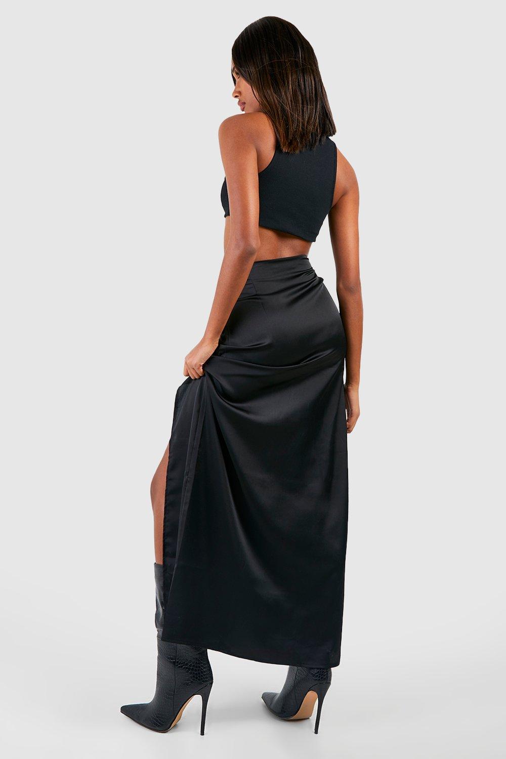 Side Slit Maxi Satin Skirt Black