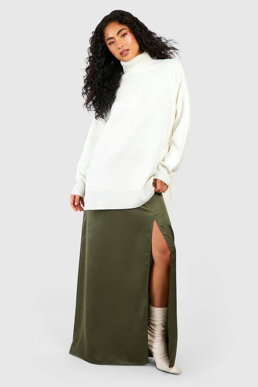 Khaki Side Split Satin Maxi Skirt image number 1