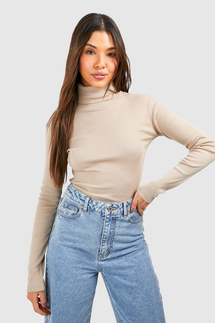 Camel Basic Rib Roll Neck Long Sleeve Top image number 1