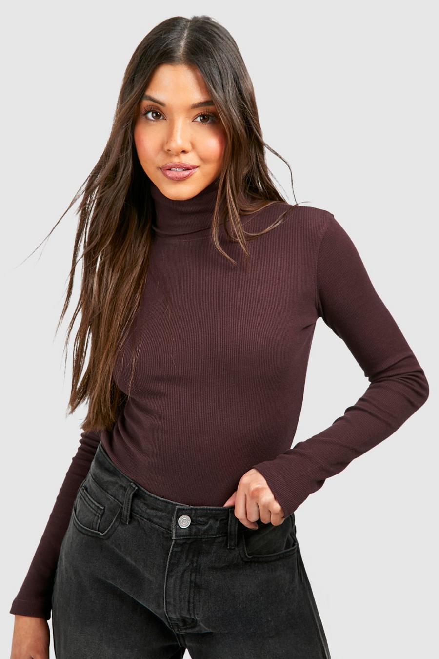 Chocolate Basic Rib Roll Neck Long Sleeve Top image number 1