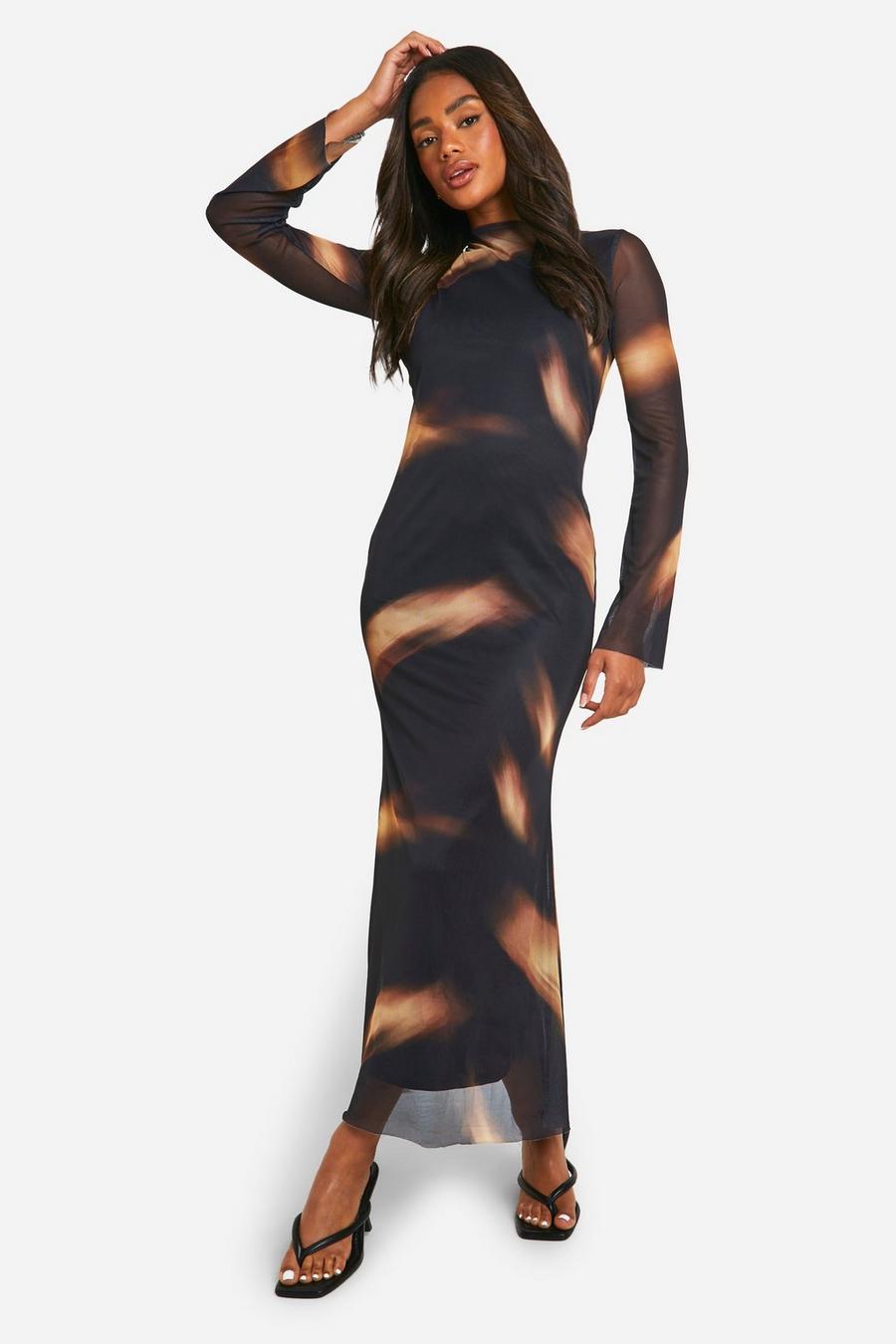 Black Long Sleeve Mesh Maxi Dress image number 1