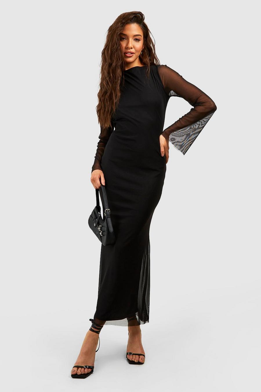 Black Long Sleeve Mesh Maxi Dress image number 1