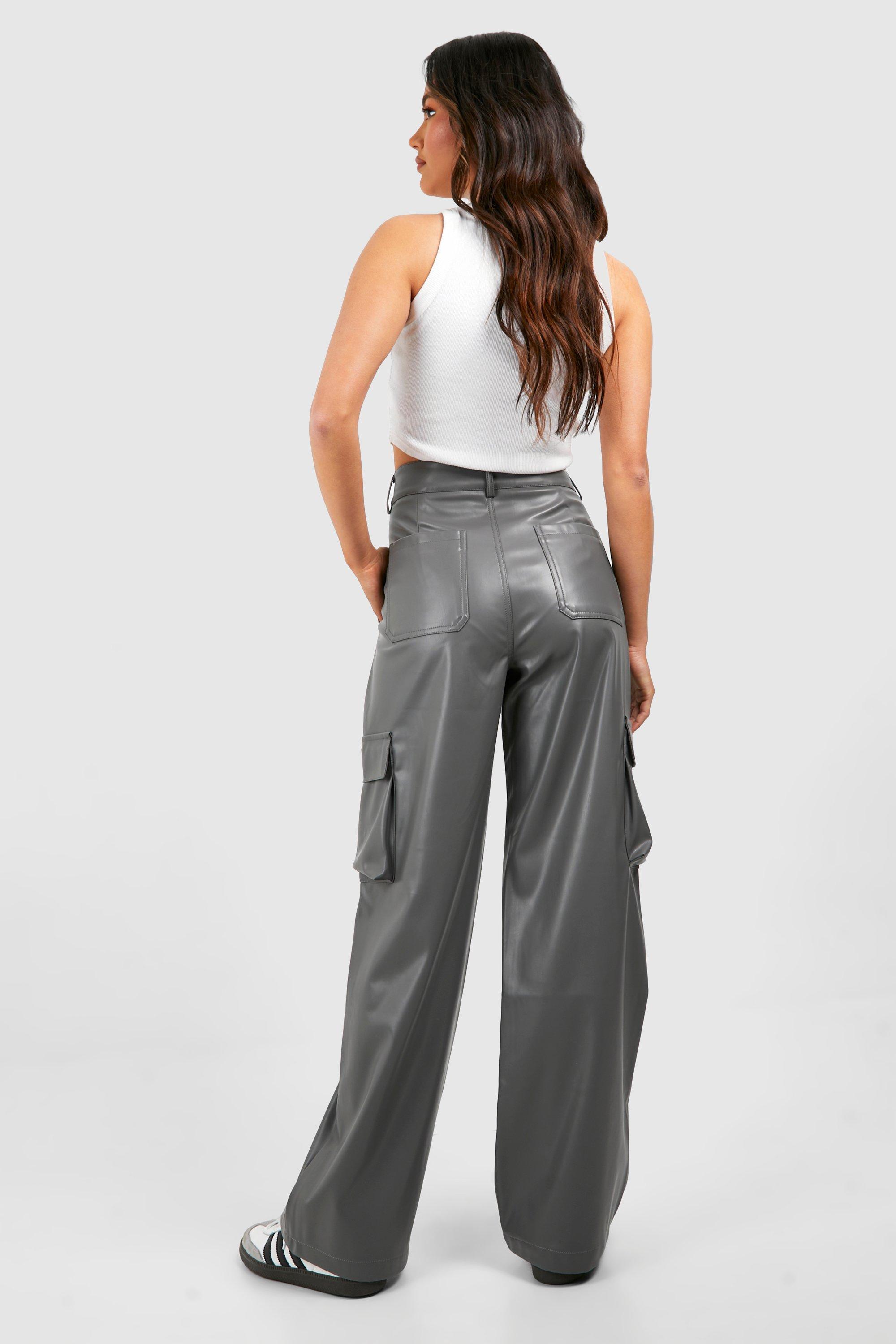 Faux Leather Wide Leg Cargo Trousers With Pocket Detail by