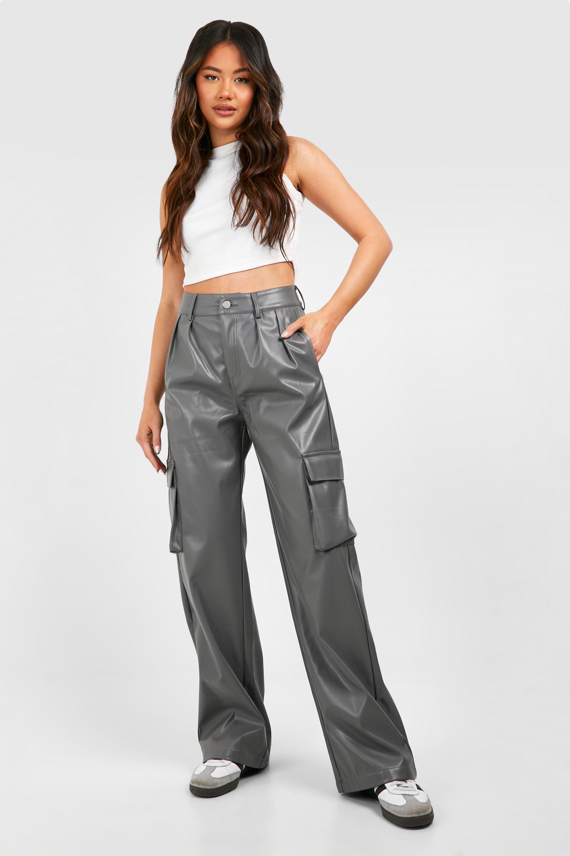 Faux Leather Pocket Detail Cargo Straight Pants | boohoo USA