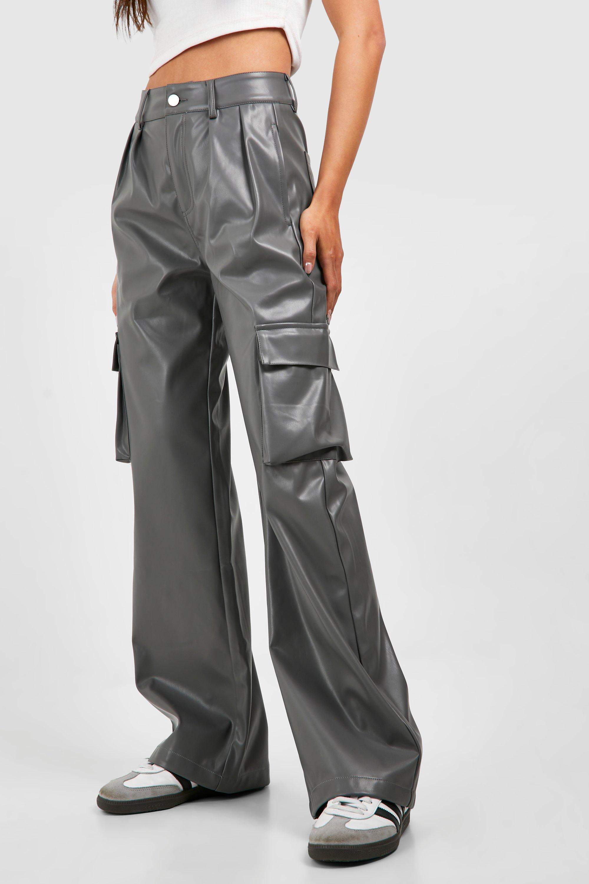 Faux Leather Wide Leg Cargo Trousers With Pocket Detail by