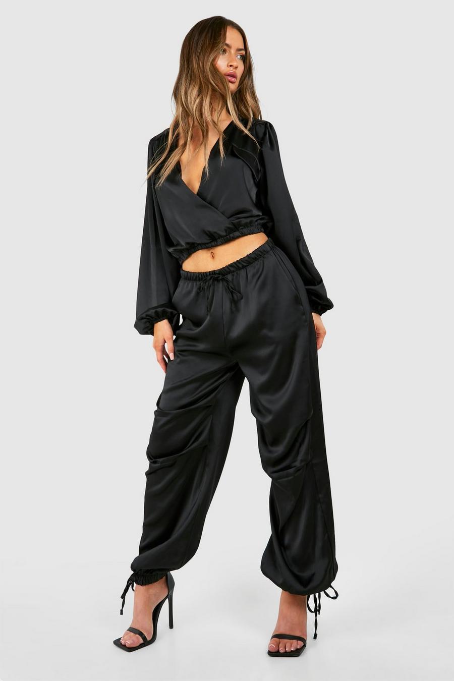 Black Satin Tie Cuff Cargo Track Pants image number 1