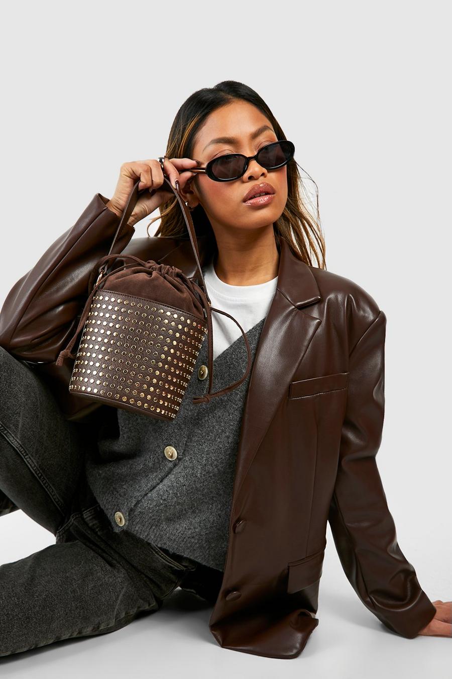 Brown Studded Bucket Crossbody Bag
