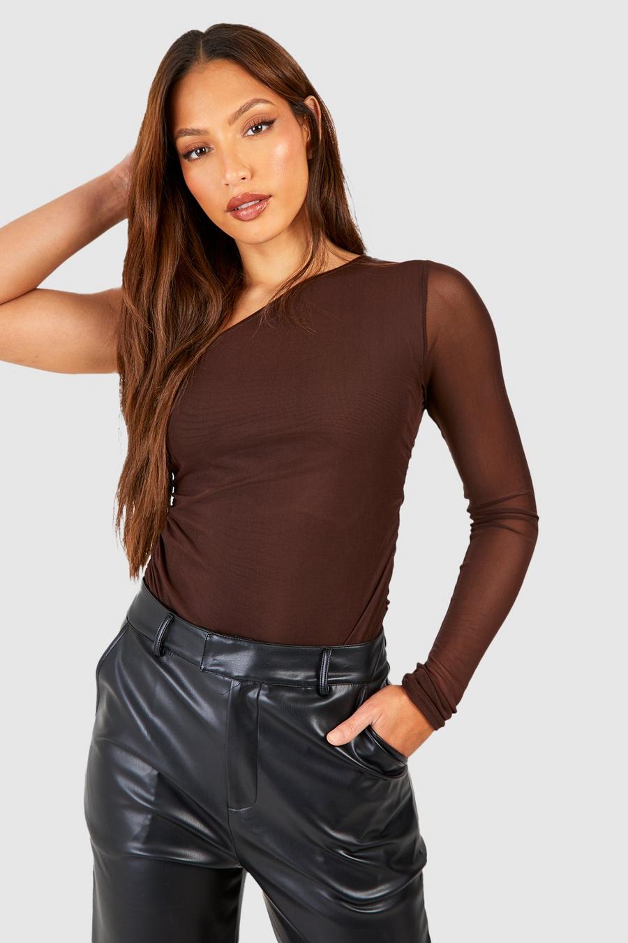 Chocolate Tall Mesh One Shoulder Bodysuit image number 1