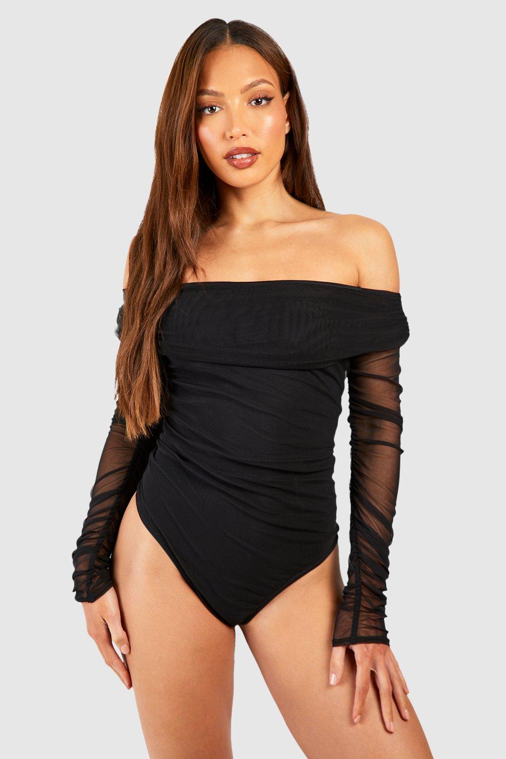 Women's Long-Sleeve Off-The-Shoulder Wrap Mesh Bodysuit