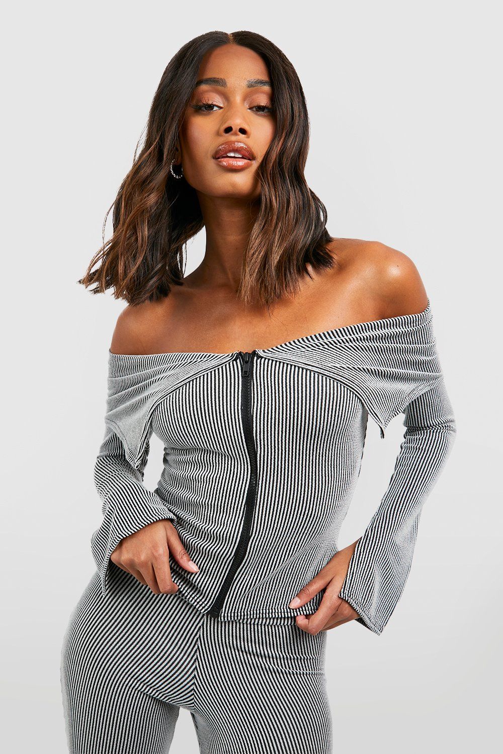 Two Tone Rib Extended Neck Zip Through Long Sleeve Top