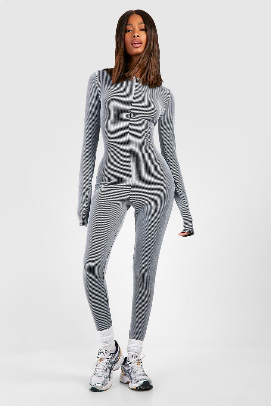 Charcoal Two Tone Rib Long Sleeve Zip Through Unitard Jumpsuit image number 1