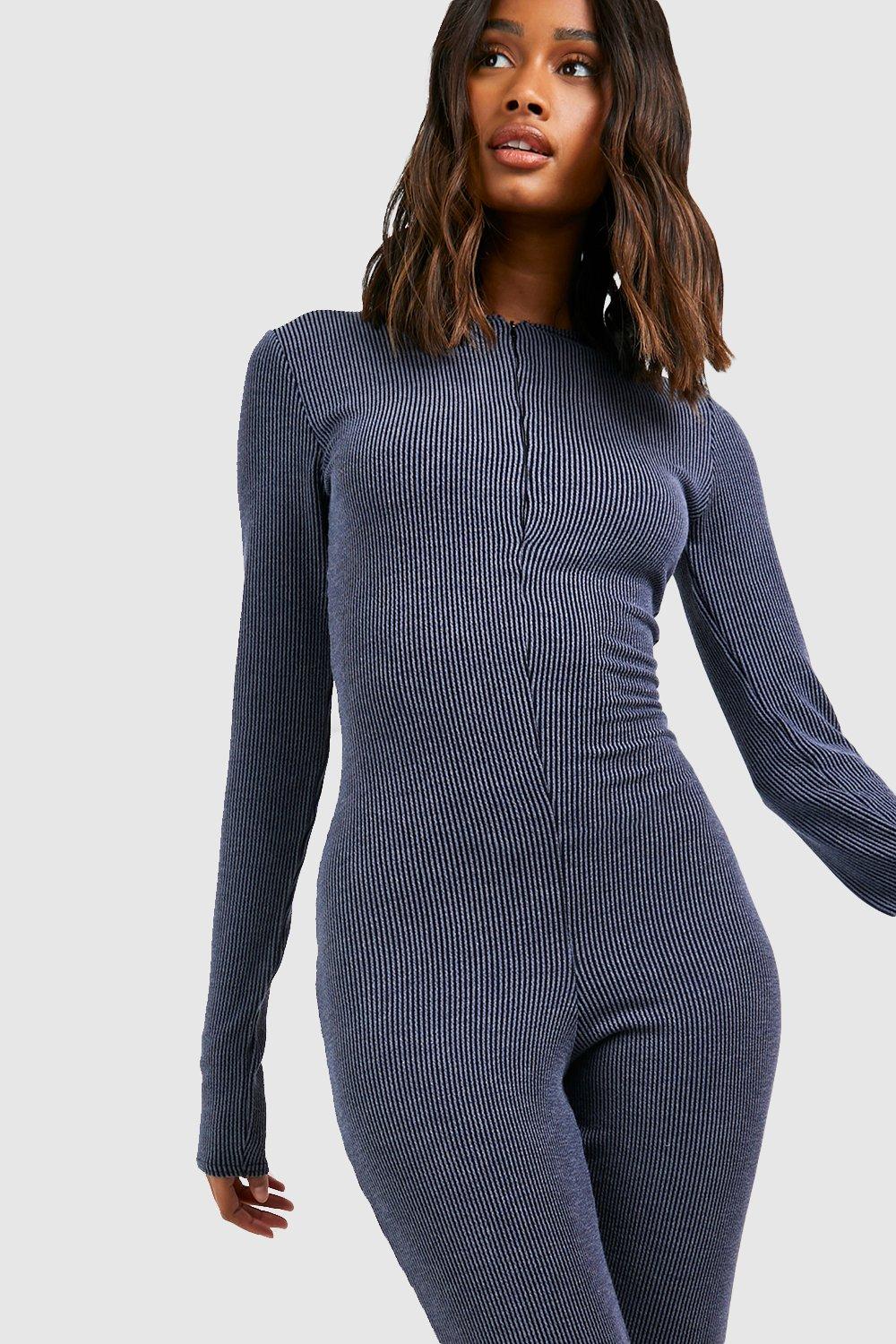 Two Tone Rib Long Sleeve Zip Through Unitard Jumpsuit