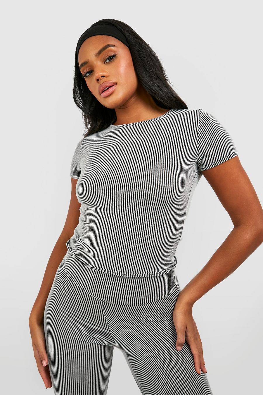 Charcoal Two Tone Rib Short Sleeve Crop Top image number 1