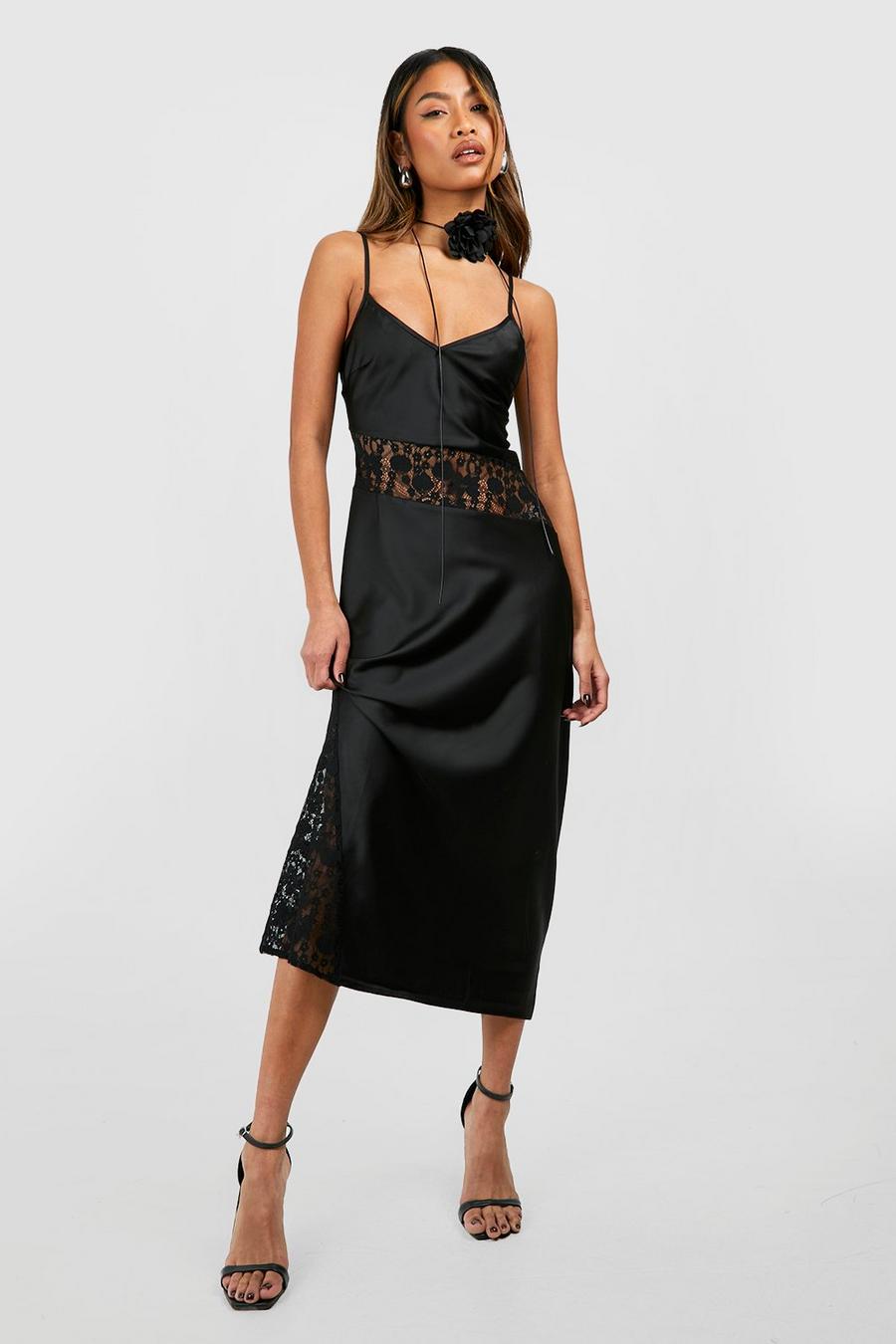 Black Lace Insert Satin Slip Midi Dress image number 1
