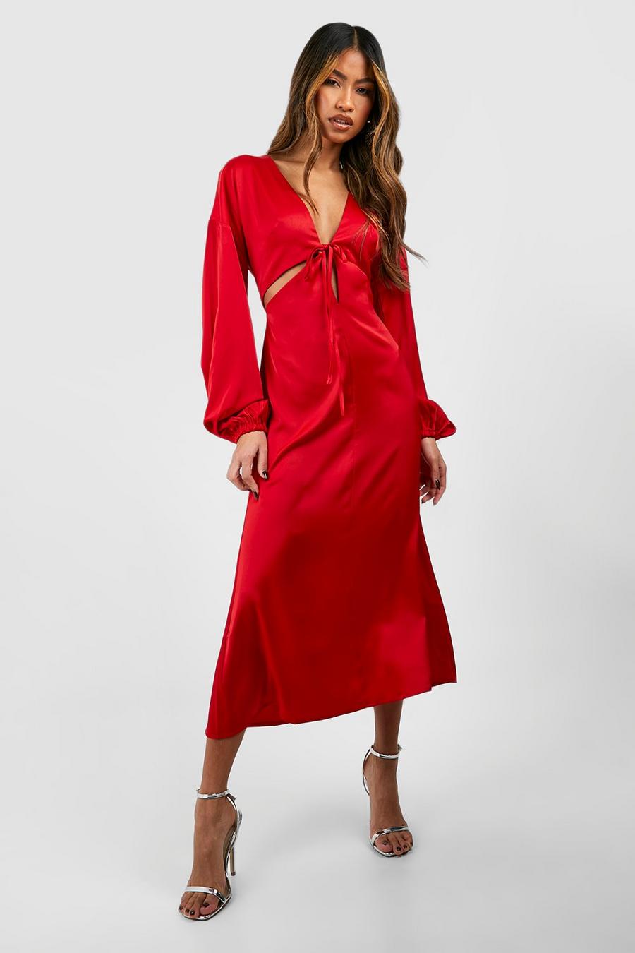 Cherry Satin Batwing Cut Out Slip Midi Dress image number 1