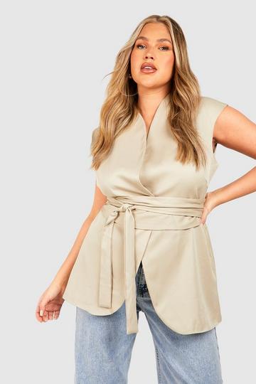 Plus Woven Longline Belted Waistcoat beige
