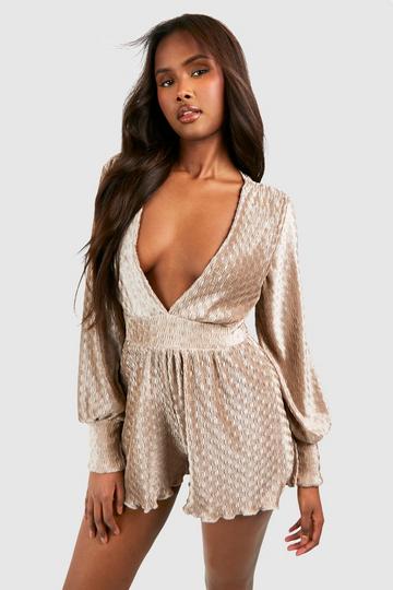 Champagne Beige Wave Plisse Plunge Romper