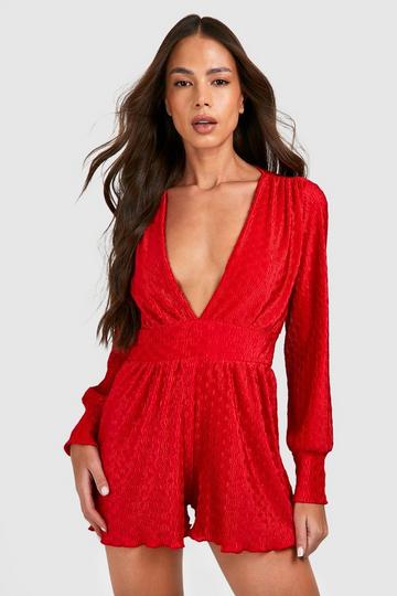 Red Wave Plisse Plunge Romper