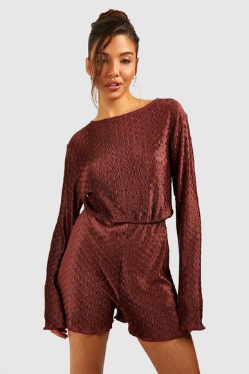 Wave Plisse Flare Sleeve Playsuit chocolate