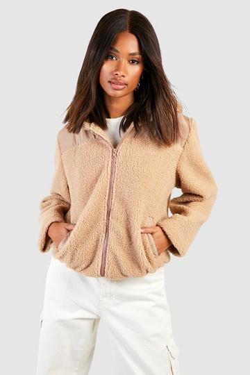 Hooded Teddy Faux Fur Jacket beige