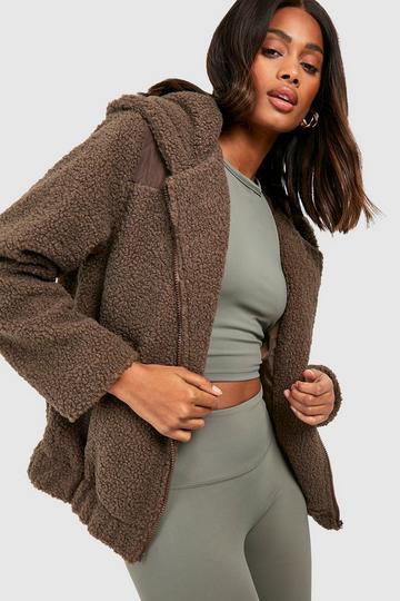 Chocolate Brown Hooded Teddy Faux Fur Jacket