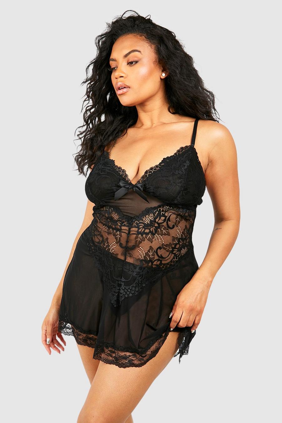 Black Plus Strappy Lace & Mesh Babydoll image number 1