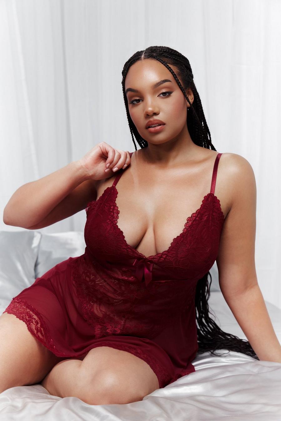 Burgundy Plus Strappy Lace & Mesh Babydoll image number 1