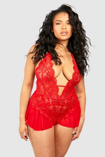 Plus Plunge Lace Detail Teddy red